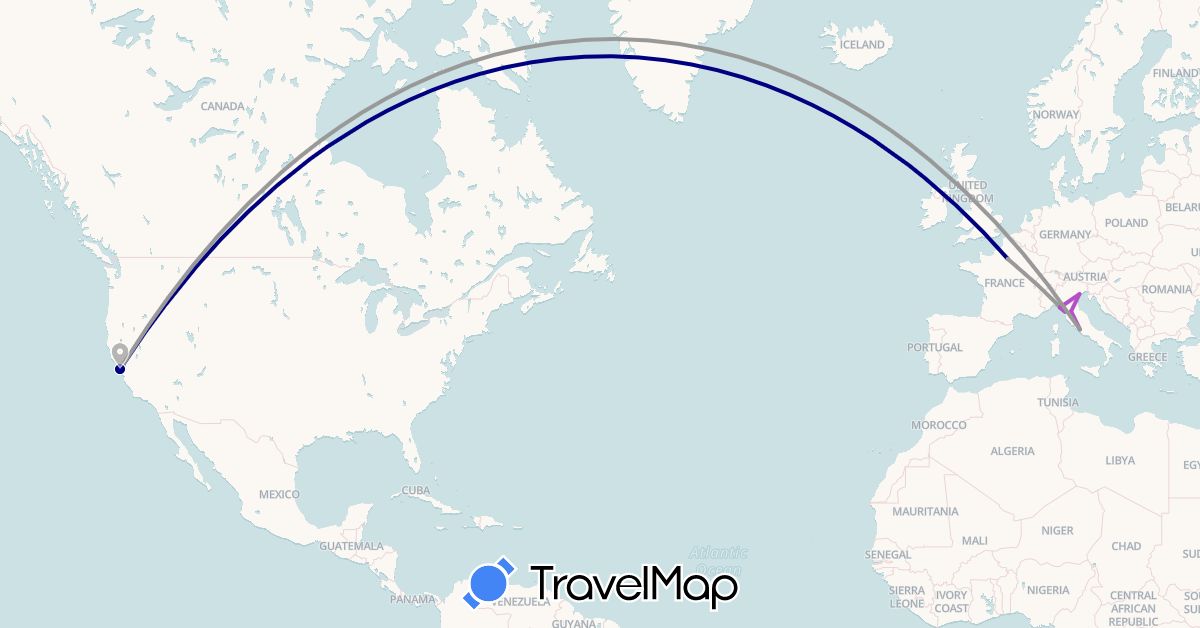 TravelMap itinerary: driving, plane, train in France, Italy, United States (Europe, North America)